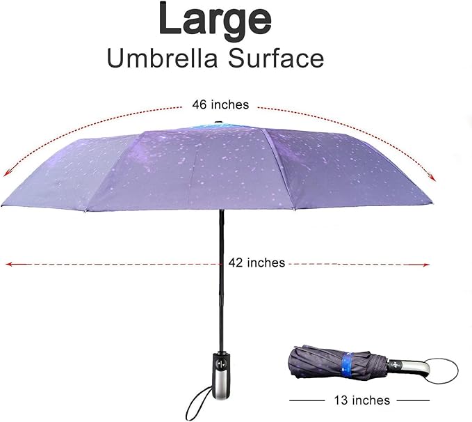 TradMall Travel Umbrella Windproof with 46 Inches Large Canopy 10 Reinforced Fiberglass Ribs Ergonomic Handle Auto Open & Close, Starry Sky