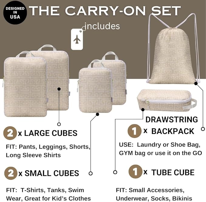 Compression Packing Cubes for Travel 6PC Set - Suitcase Organizer & Space Saver Bags for Carry On Luggage with Drawstring Backpack Beige Boho