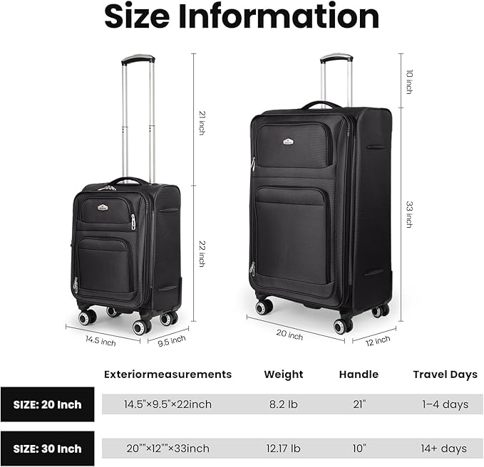 Softside Luggage Sets 2 Piece,Expandable15% Lightweight Durable Suitcase Sets Double Spinner Wheels & w/Combination LOCK（Black,20in/30in）