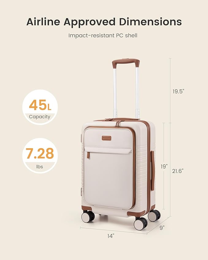 LOVEVOOK Carry On Luggage 22x14x9 Airline Approved with Detachable Pouch, 21 Inch Hardside Suitcases with Spinner Wheels, Lightweight Carry-on Luggage with TSA Lock for Women Men, 2PCS, Beige