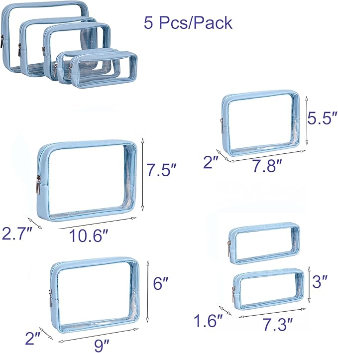 TSA Approved 5-Piece Diaper Bag Organizer Pouch Set Clear Waterproof TPU Kids Toiletry Storage Set Travel Packing Clutch Cube Bags for Baby Nursing (Blue)