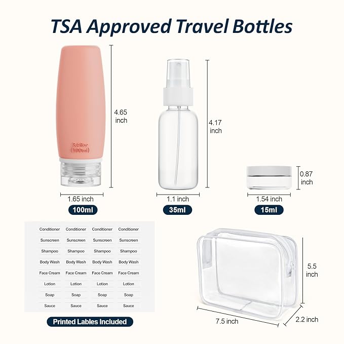 PACKISM 9 Pack TSA Approved Toiletry Bag with Bottles - Leakproof 3.4oz Silicone Travel Container Kit for Toiletries, Clear Quart Size Bag for Shampoo Conditioner Lotion (BPA Free)