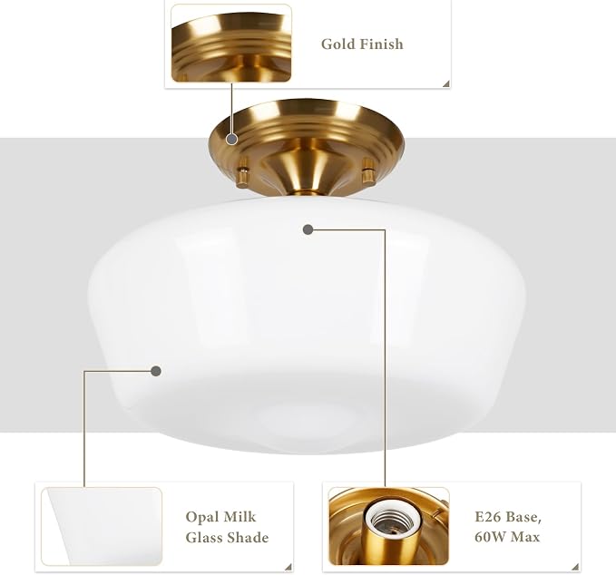 Schoolhouse Style Semi Flush Mount Ceiling Light with Dimmable Bulb Remote Control, 12" Modern Gold Hallway Ceiling Lamp with Opal Milk Glass Shade, Farmhouse Globe Light for Bedroom Kitchen Laundry