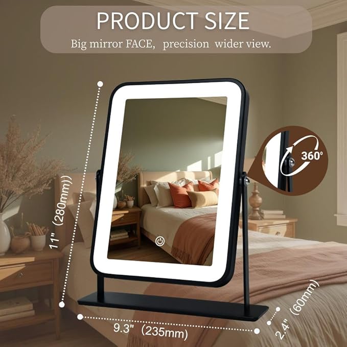 11"x9" Rechargeable Desktop Makeup Mirror with LED Lights, Adjustable Brightness Lighted Vanity Mirror, Tabletop Mirror for Bedroom, Gifts for Women with 3-Color Smart Touch Dimmable Lighting