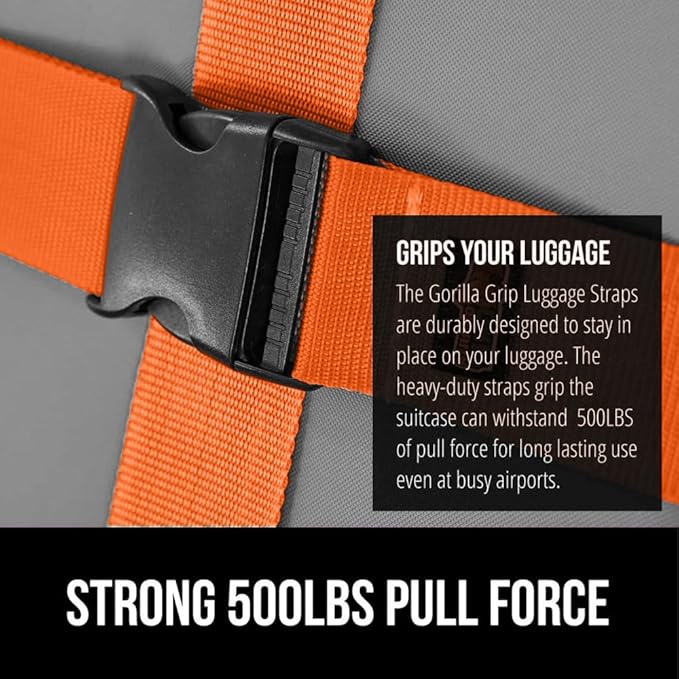 GORILLA GRIP Heavy Duty 8 Pack Adjustable Luggage Straps for Suitcases, Easy to Identify Travel Belt Connector Holds Suitcase Together, Extends Life of Bag, Strap Connects Two Bags, Accessories Orange