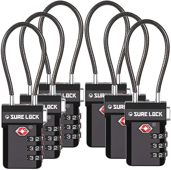 SURE LOCK TSA Approved Luggage Locks – 3-Digit Combination Cable Lock with Red Indicator, Large Dial & Easy-Press Button for Suitcases and Backpacks – Multi-Pack & Color Options