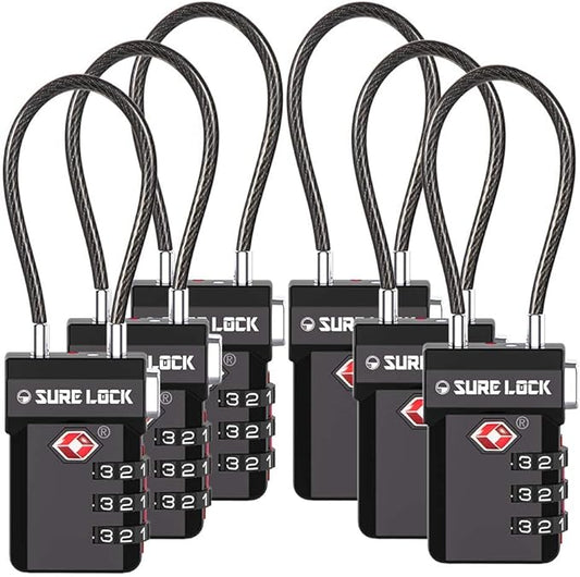 SURE LOCK TSA Approved Luggage Locks – 3-Digit Combination Cable Lock with Red Indicator, Large Dial & Easy-Press Button for Suitcases and Backpacks – Multi-Pack & Color Options