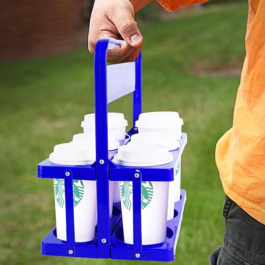 Bodaon 6 Cup Drink Carrier with Handle, Plastic Cup Holders for Take Out Delivery Drivers, Reusable Foldable Car Drink Caddy, Leakproof Food Delivery Accessories, 360° Secure Grip, Blue