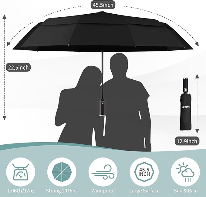 Seniny Travel Umbrella with Carabiner Handle, Windproof Large Umbrellas for Rain with Dual-Rib Structure, Portable Compact Umbrella with Reflective Strip, Car Backpack UV Umbrellas for Sun Protection