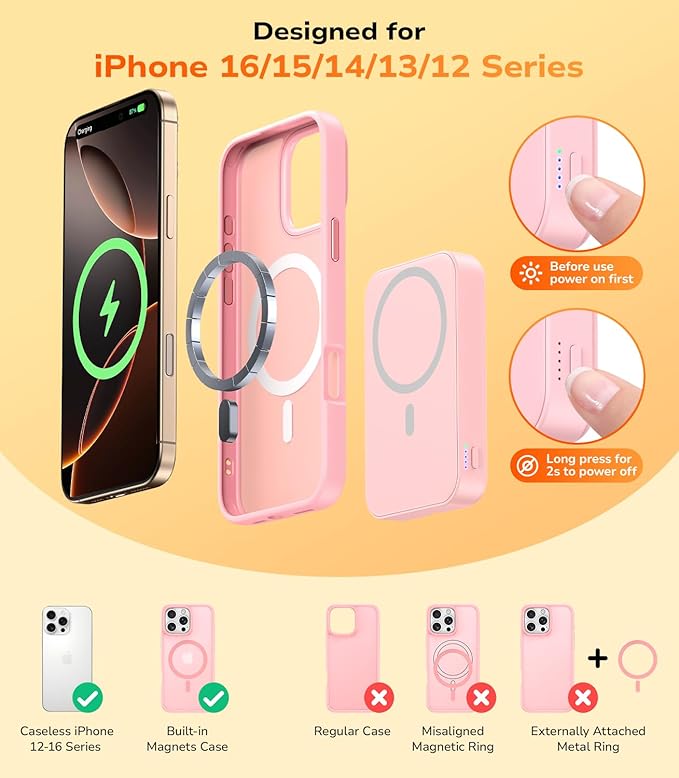 Gospire 2-in-1 Travel Mirror with Light and 3000mAh Magnetic Power Bank for iPhone 16/15/14/13/12 Series Only, Compact Mirror for Purses, 3 Color Lights and 3X/1X Magnification - Pink