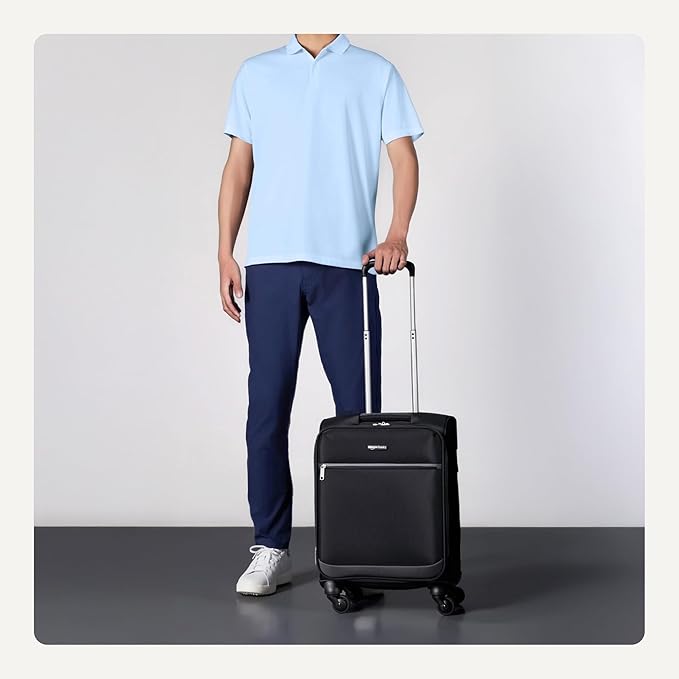 Amazon Basics 18" Medium Carry-On Softside Expandable Suitcase with 360-Degree Spinner Wheels, Telescoping Handle, Zippered Pocket and Straps, Black