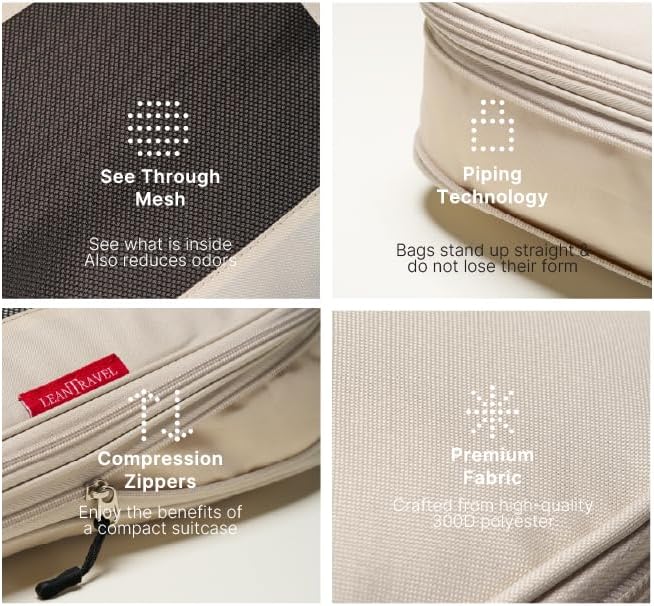 LeanTravel Premium Compression Packing Cubes for Travel - Luggage Organizers with Double Zipper - Sturdy Bags for Suitcase (3-Pack, Sand)