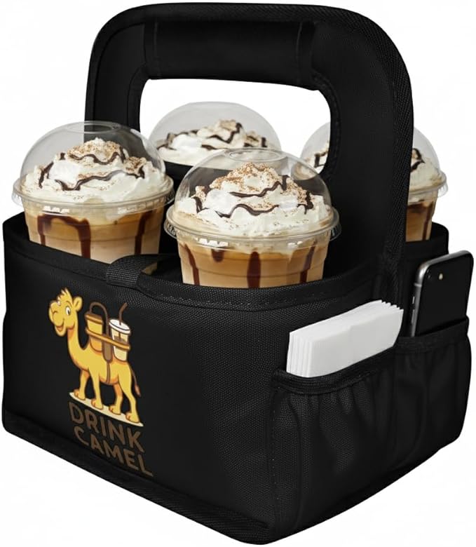 Reusable Drink Carrier with Handle – Durable No-Spill Insulated & Collapsible Beverage Bag with Pockets, Portable Caddy for On-the-Go Delivery, Travel & Car Use (4 Cup Carrier, Black)