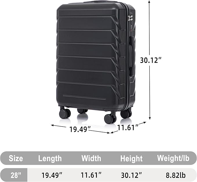 28 Inch Checked-Large Luggage, Lightweight ABS Hard Shell Suitcase with Spinner Wheels, Expandable Travel Luggage with Combination Lock & Side Hooks for Men Women (Black, 28)