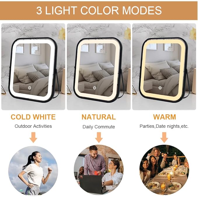 YEKKOPT Lighted Vanity Mirror, Rechargeable Travel Makeup Mirror with Lights, 10''x8'' Desk Mirror with Lights,Make up Mirror with Lighting for Makeup Desk ＆ Dressing Room