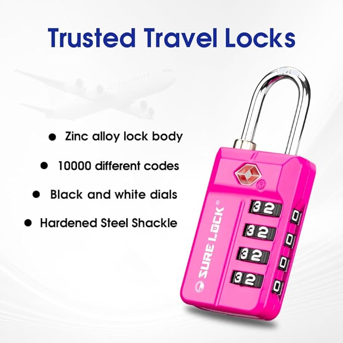 SURE LOCK TSA Approved 4-Digit Luggage Lock, Resettable Combination, Red Dot Open-Alert (Resets Only with Code), Easy-Read Black/White Dials, Hardened Shackle, Zinc Alloy (Pink 1 Pack)