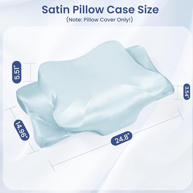 Satin Pillowcase for Cervical Pillows, (Cover Only) Fit for 24.8"x14.96"x5.51"/3.54" Orthopedic Neck Support Pillow, Silky Smooth Pillowcase Cover with Zipper Closure (Light Blue)