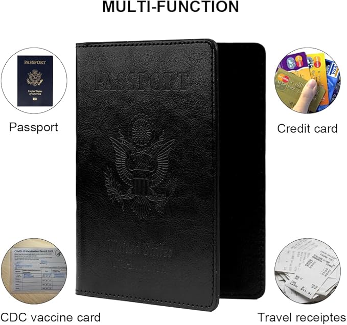 Passport Holder, Travel Must Haves, Men's Black Leather Passport Case with Vaccine Card Slot