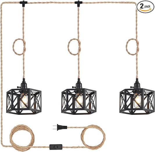 3 Light Plug in Pendant Light Rattan Hanging Lights with Switch 22FT Industrial Ceiling Light,Plug in Cord with Woven Hemp Rope Lamp Shade, Hanging Lamp Cord Farmhouse Cable DIY