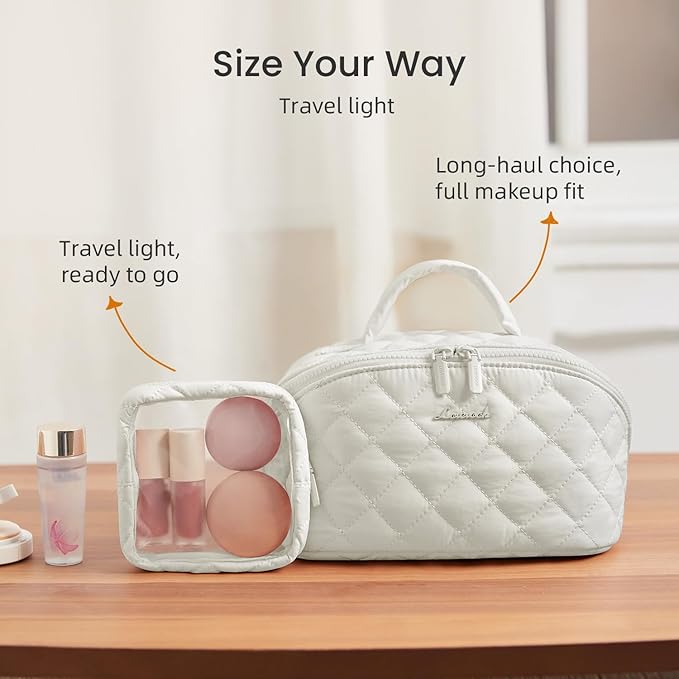 LOVEVOOK Travel Makeup Bag for Women, 2Pcs Puffer Waterproof Cosmetic Organizer, Large Capacity Pouch Open Flat Small Toiletry Bag with Brush Compartment & Handle (Off-white, Medium)