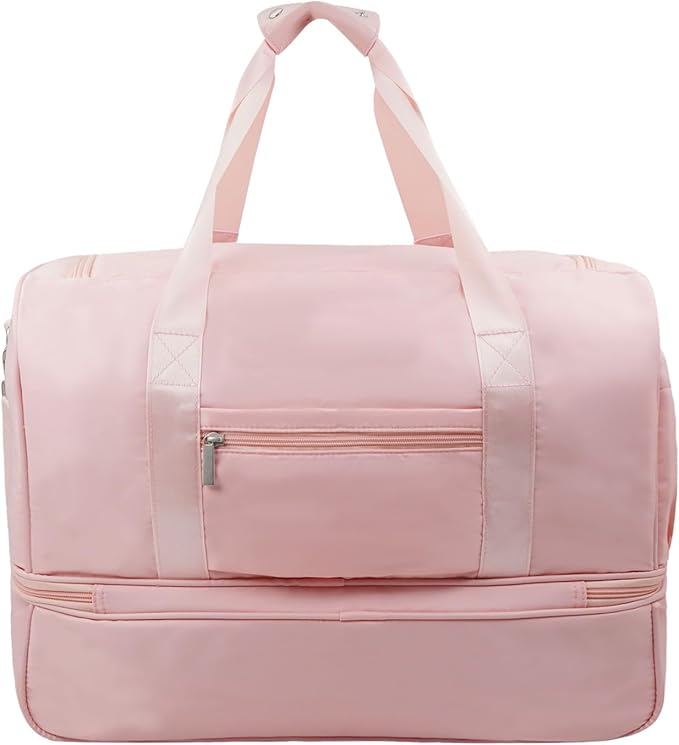 Carry On Travel Duffel Bag for Women & Men,Overnight Weekender Bag with Shoe Compartment,Trolley Sleeve and Adjustable Shoulder Strap,Business & Weekend Travel,Gym,Sports,Yoga & Dance (Pink)