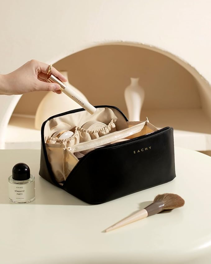 EACHY Travel Makeup Bag, Large Capacity Cosmetic Bag for Women, Waterproof PU Leather, Flat Open Portable Toiletry Bag for Skincare, Brushes & Travel Essentials