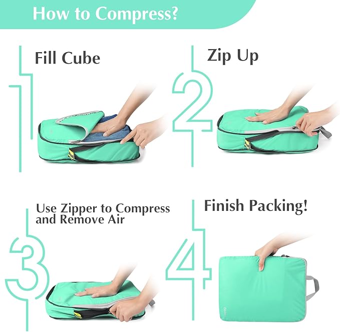 Gonex Compression Packing Cubes, 4pcs Expandable Storage Travel Luggage Bags Organizers (Mint Green)