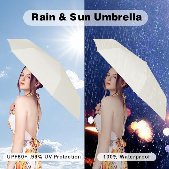ESUFEIR Mini Sun Umbrella for Purse With Case, Small Compact UV Umbrella Travel Essentials, Lightweight Portable Parasol Windproof for Women Men Kids (White)