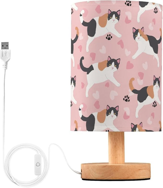 Cute Japanese Shorttail Cat and Paw Prints Hearts Bedside Table Lamps with USB Port for Bedroom Lamp Accent Table Lamp Small Nightstand Lamp Linen Shade Decorative Lamps for Kids|Reading|Dome|Home