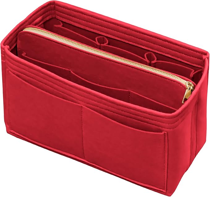 DailyPlus Purse Organizer Insert with Zipper Felt Bag Organizer Handbag Organizer Insert Bag in Bag Organizer with Key Chain for Tote Purse Bag Red Small