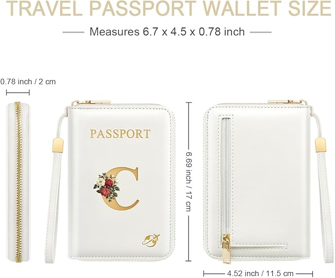 Passport Holder for Travel Personalized Passport Holder Initial Letter Rose Flower RFID Blocking Travel Wallets Credit Cards Holder for Women Men, White C