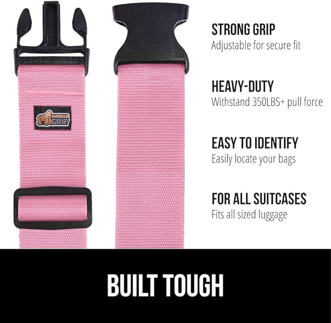 GORILLA GRIP Heavy Duty 4 Pack Adjustable Luggage Straps for Suitcases, Easy to Identify Travel Belt Connector Holds Suitcase Together, Extends Life of Bag, Strap Connects Two Bags, Accessories Pink