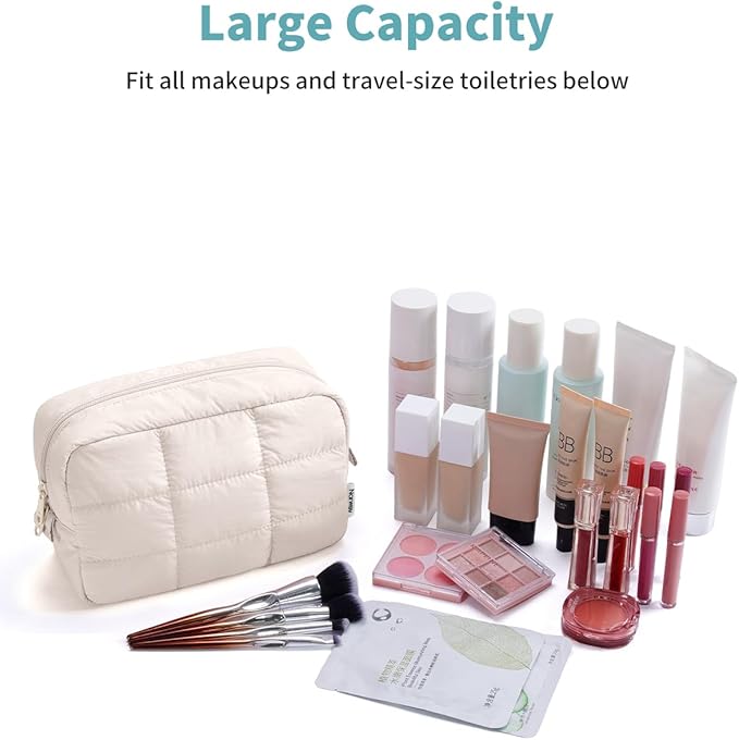 Narwey Puffer Travel Makeup Bag for Women Girl, Quilted Puffy Cosmetic Bag Make Up Bag Organizer, Cute Travel Toiletry Bag for Toiletries (Beige)
