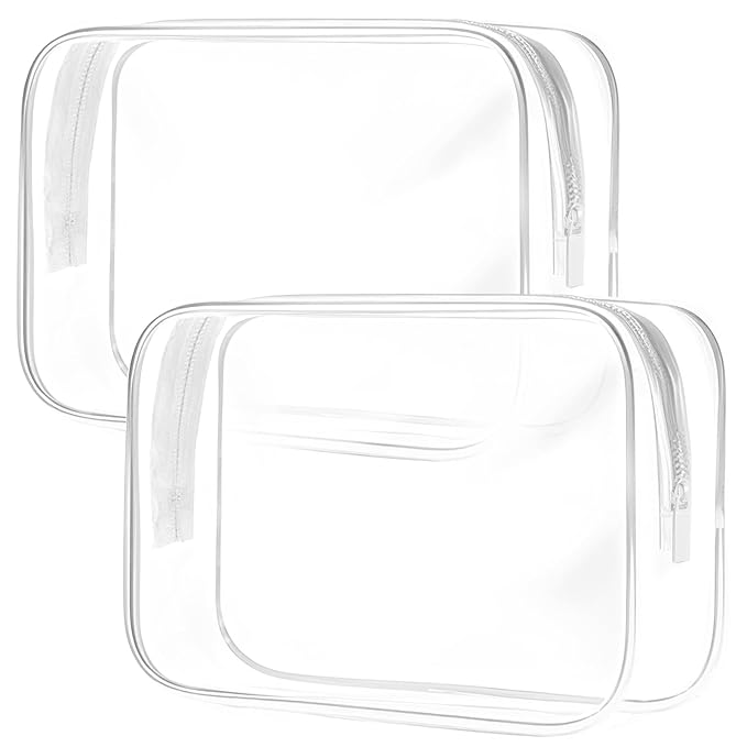 Clear Toiletry Bag, 2 Packs TSA Approved Water resistant Travel Organizer, Airport Airline Travel Essential Carry On Makeup Cosmetic Bags for Women, White - 2 packs
