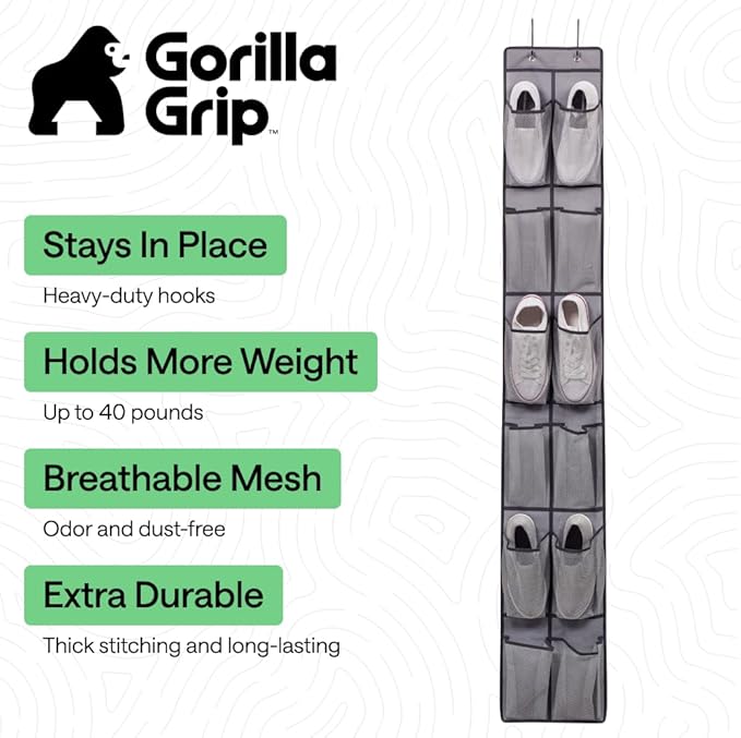 GORILLA GRIP Over the Door Shoe Organizer, 12 Large Breathable Mesh Pockets, Space Saving Hanging Storage Holder, 2 Hook Closet Rack Hanger, Hangs on Closets for Shoes, Accessories, 64H x 9.5W Grey