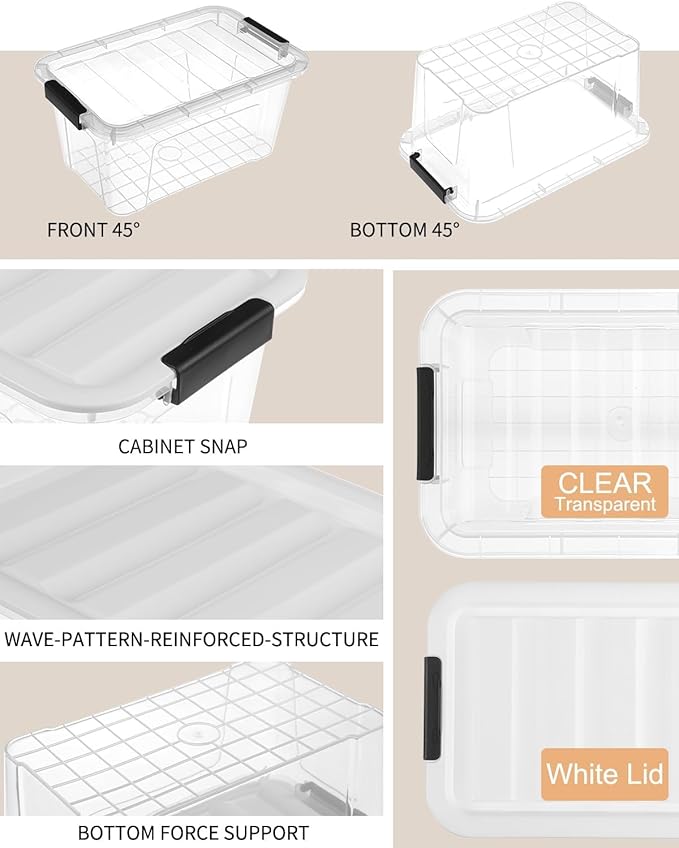 NUMIFUN Plastic Storage Bins with Lids 6 Pack, 7 Quart Storage Containers with Black Buckle Latch, Stackable Storage Containers for Home Pantry Office Classroom Organization, White