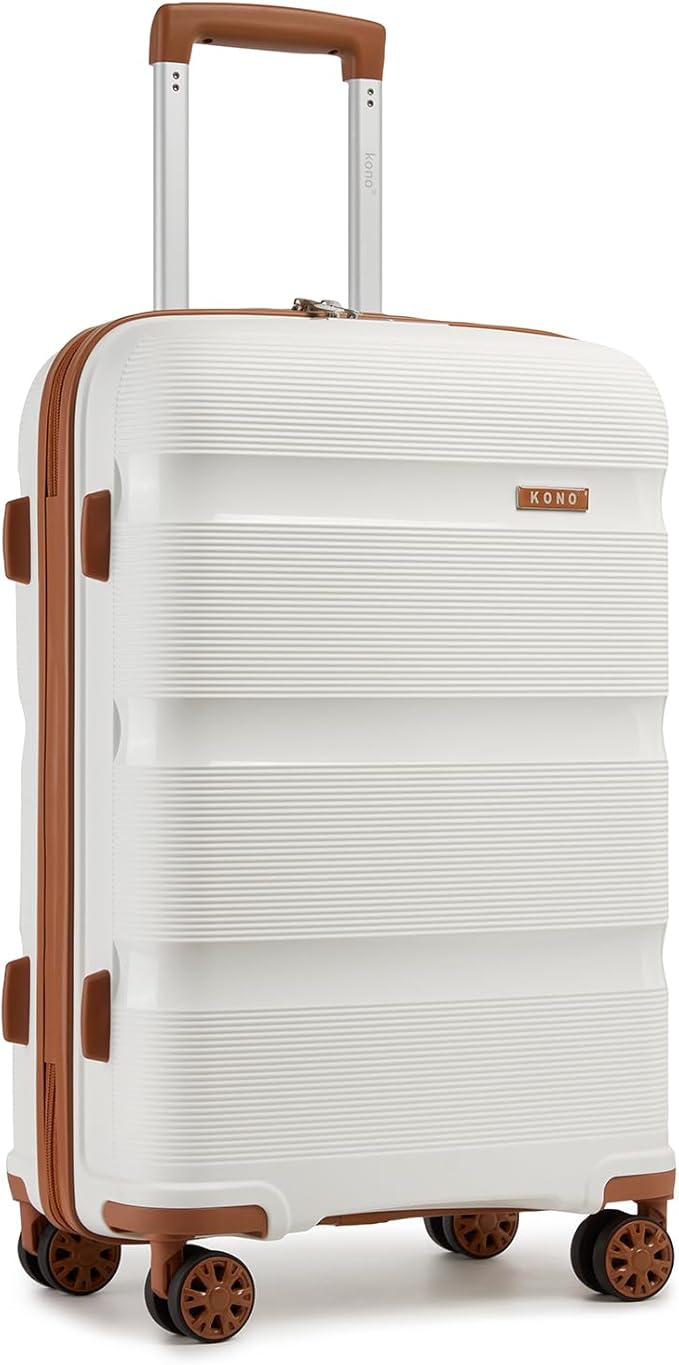 Kono Carry On Luggage 24 Inch Checked-Medium Hard Shell Travel Trolley 4 Spinner Wheels Lightweight Polypropylene Suitcase with TSA Lock, Cream White