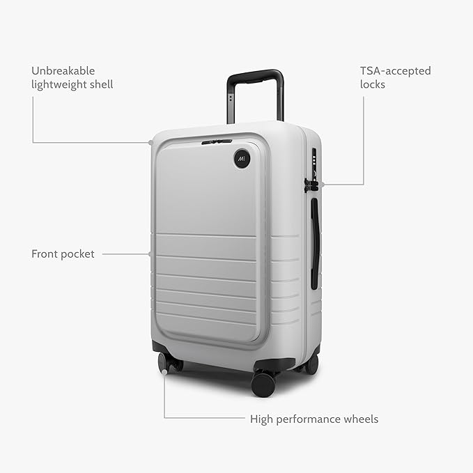 Monos Carry-On Pro Plus Luggage (23"), Hardside Spinner Suitcase with TSA Lock & Front Pocket, Airline Approved, Stellar White
