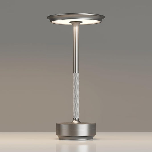 TBBGA 1 Pack Rechargeable Cordless Table Lamp, 5000mAh Battery Table Light | 3 Color Stepless Dimming Portable LED Table Light with Memory Function, for Outdoor/Dinner/Patio/Restaurant.(Silver)