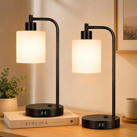 Set of 2 Industrial Touch Control Table Lamps with 2 USB Ports and AC Outlet - 3-Way Dimmable Black Bedside Lamp Nightstand Desk Lamps for Bedroom Living Room, Opal Glass Shade & 2 LED Bulbs Included