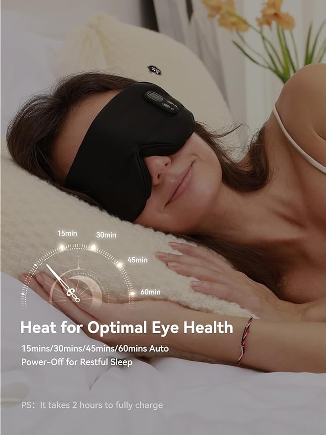 Heated Eye Mask for Dry Eye Relief, Cordless Warm Compress Sleep Mask with 4 Heat Settings & Timer, Rechargeable Silk Eye Warmer for Migraine, Travel, Women Men Black