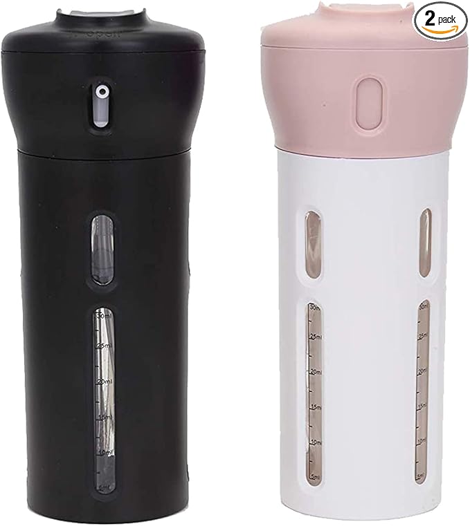 Travigo 4-in-1 Travel Dispenser Bottle Set, TSA Approved, Leak Proof, Reusable 1.4 oz. (40 mL) Toiletry Containers for Shampoo, Conditioner, Soap, Lotion, Skincare (2 Pack, Black & Pink)