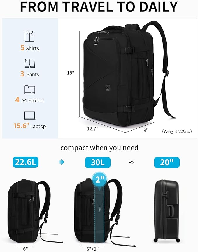 ECOHUB Carry On Travel Backpack, Expandable Airlines Personal Item Bag 18x14x8, Water Resistant 17 inch Laptop Backpack Flight Approved, 12 Pockets 30L Work Backpacks with Wet Pocket & Cable Slot