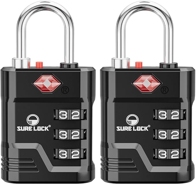 SURE LOCK TSA Approved Luggage Lock – 3-Digit Resettable Combination Padlock with Open Alert Red Dot, Large Easy-Read Dials for Suitcases, Backpacks, Gym & School Lockers (Black 2 pk)