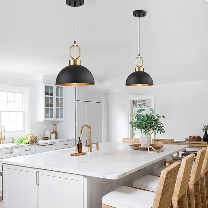 Black and Gold Pendant Lights Kitchen Island, Single Dome Pendant Light | 10.2'' Farmhouse Island Light for Kitchen,Adjustable Height, Industrial Hanging Pendant Lighting for Dining Room Over Sink