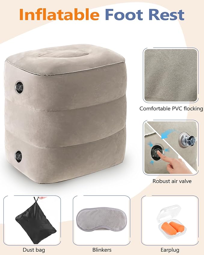 YSJILIDE Inflatable Travel Foot Rest Pillow, Travel foorest Pillow for Kids/Adults, Adjustable 3 Layers Height Leg Rest Pillow, Great for Living Room, Train, car (2 Pack)