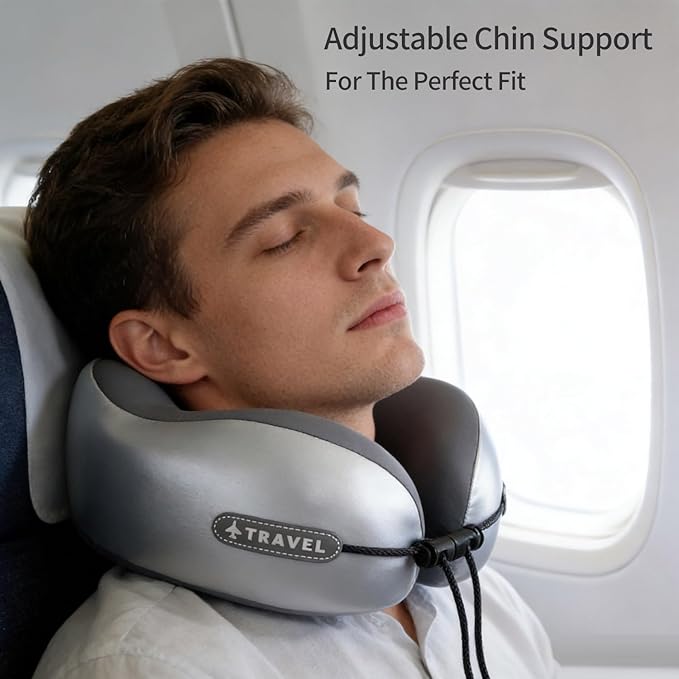Travel Neck Pillow with Storage Case, 100% Pure Memory Foam, Airplane Head Support for Flight Sleeping, Portable, Gray (Gray Matching)