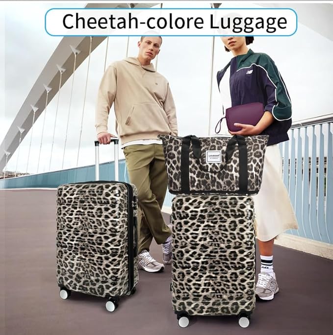 LARVENDER Luggage 6 Piece Expandable Luggage Hardshell PC+ABS Leopard Suitcase with Spinner Wheels TSA Lock, Lightweight Rolling Suitcase for Women, Cheetah Print