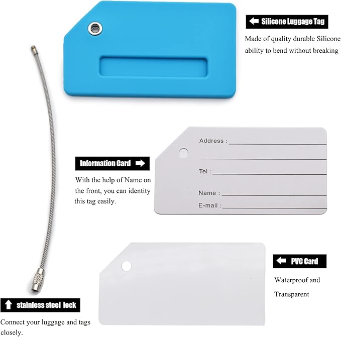7 Pack Silicone Luggage Tag Baggage Handbag Travel Bag Tags with Name ID Card Perfect to Quickly Spot Luggage Suitcases (Blue)