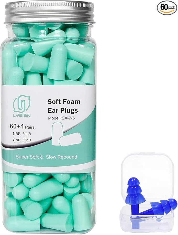 LYSIAN Ultra Soft Foam Earplugs for Sleep - 38dB Noise Cancelling Ear Plugs Perfect for Work, Travel & Shooting. Soundproof & Noise Reduction - 60 Pairs Value Pack (Water Blue)